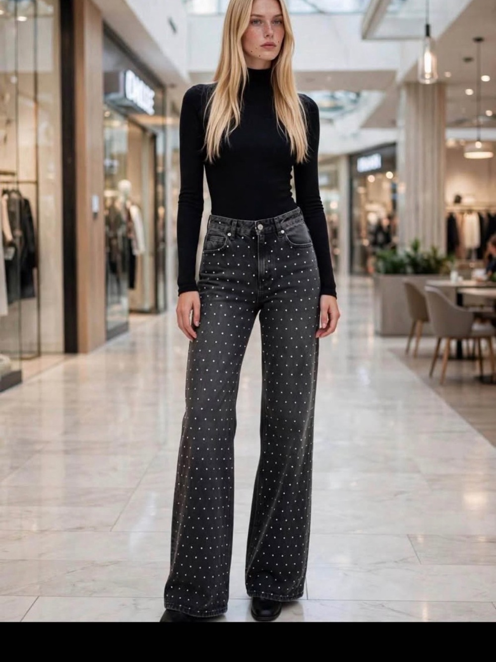 Zara Black Polka-Dot Wide-Leg Jeans
